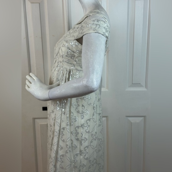 Nicole Miller Silk One Shoulder Dress Maxi 10 Long Foil Silver White Gown Size 2 - Picture 14 of 16